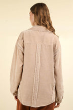 VERY J Mixed Media Button Down Raw Hem Shacket - Delanoir