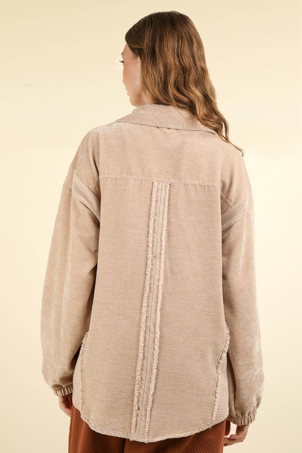 VERY J Mixed Media Button Down Raw Hem Shacket - Delanoir