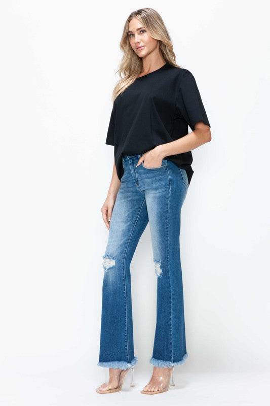 bytos Full Size Raw Hem Distressed High Rise Bootcut Jeans - Delanoir