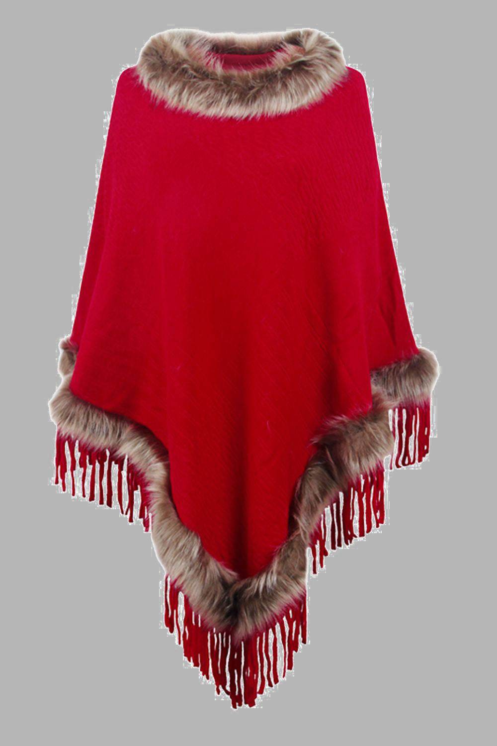 Faux Fur Trim Fringed Poncho - Delanoir