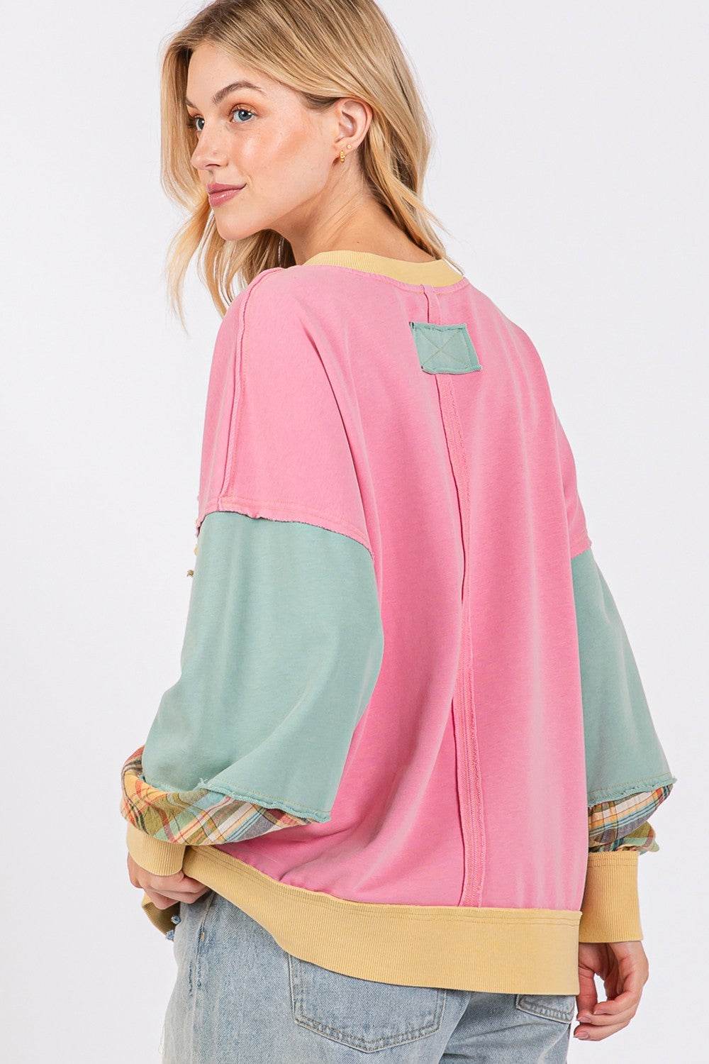 SAGE + FIG Mineral Wash Raw Edge Color Block Sweatshirt - Delanoir