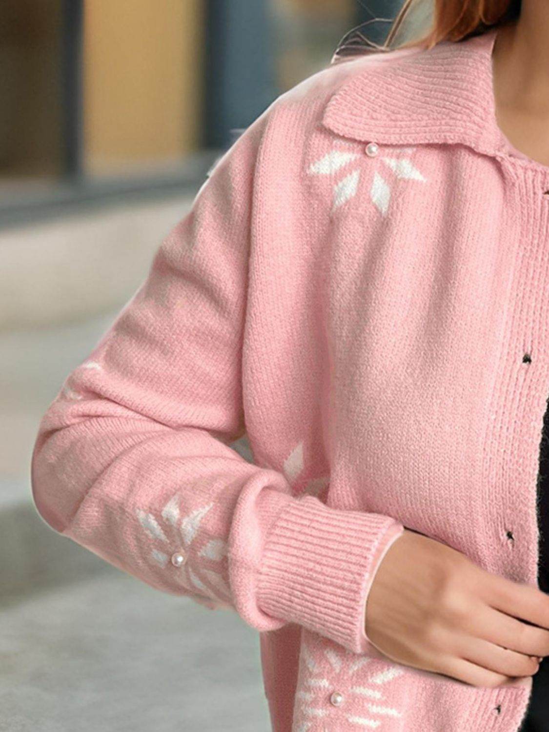Pearl Trim Collared Neck Long Sleeve Cardigan - Delanoir