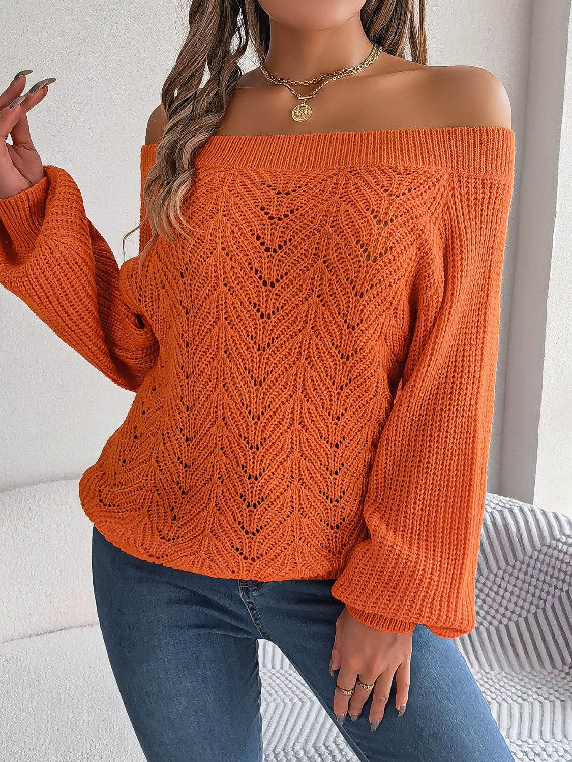 Openwork Off-Shoulder Long Sleeve Sweater - Delanoir