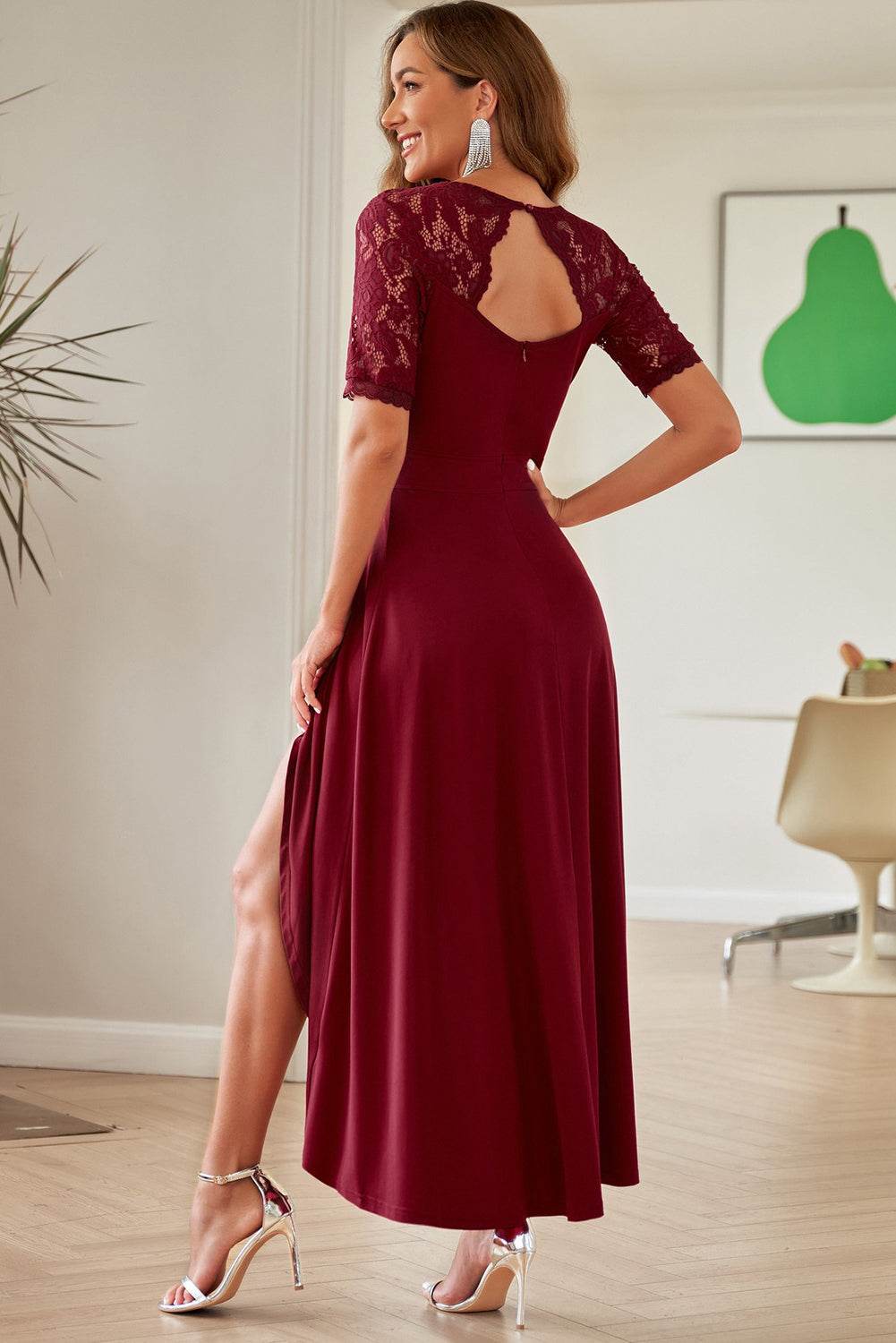 Lace Cutout V-Neck Short Sleeve Dress - Delanoir