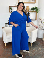 Double Take Full Size Surplice Wide Leg Jumpsuit with Pockets - Delanoir