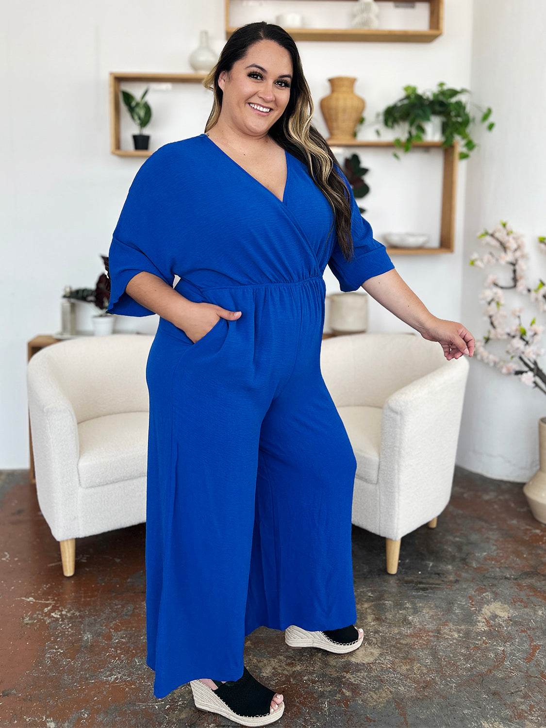 Double Take Full Size Surplice Wide Leg Jumpsuit with Pockets - Delanoir