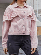 Ruffled Collared Neck Long Sleeve Denim Top - Delanoir
