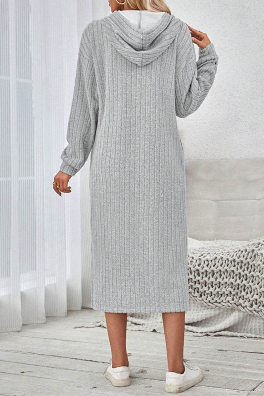 Side Slit Drawstring Long Sleeve Hooded Dress - Delanoir