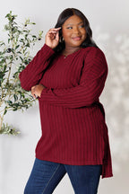 Basic Bae Full Size Ribbed Round Neck Long Sleeve Slit Top - Delanoir