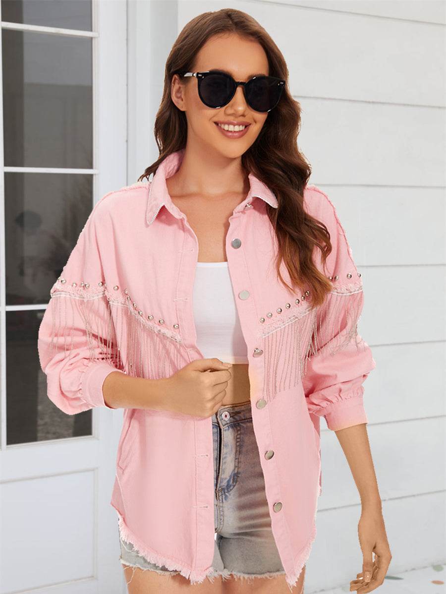 Raw Hem Fringe Detail Denim Jacket - Delanoir