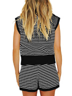 Striped Cap Sleeve Top and Shorts Sweater Set - Delanoir