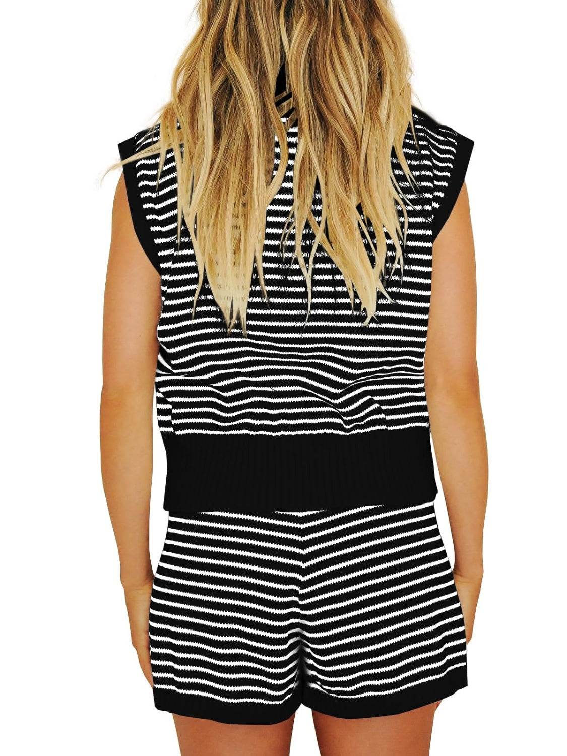 Striped Cap Sleeve Top and Shorts Sweater Set - Delanoir