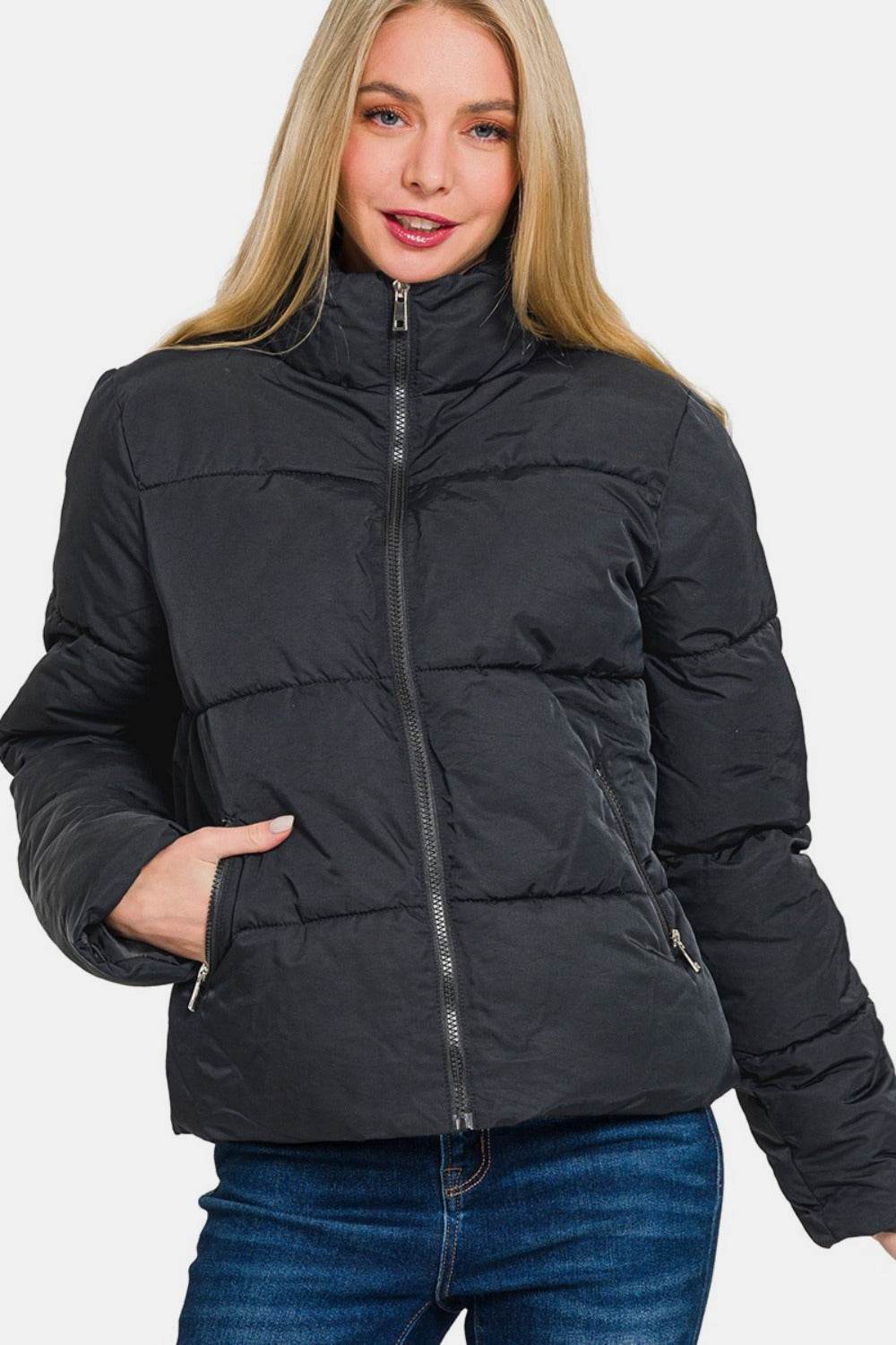 Zenana Zip Up Turtleneck Puffer Jacket with Pockets - Delanoir