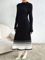 Contrast Mock Neck Long Sleeve Sweater Dress - Delanoir