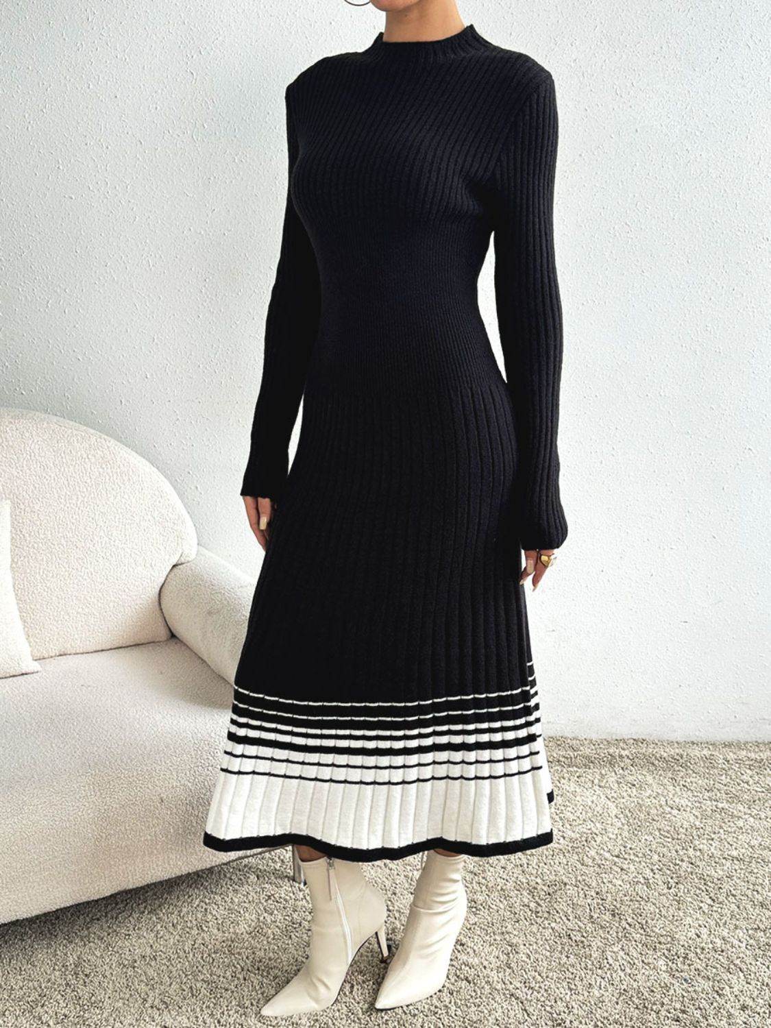 Contrast Mock Neck Long Sleeve Sweater Dress - Delanoir