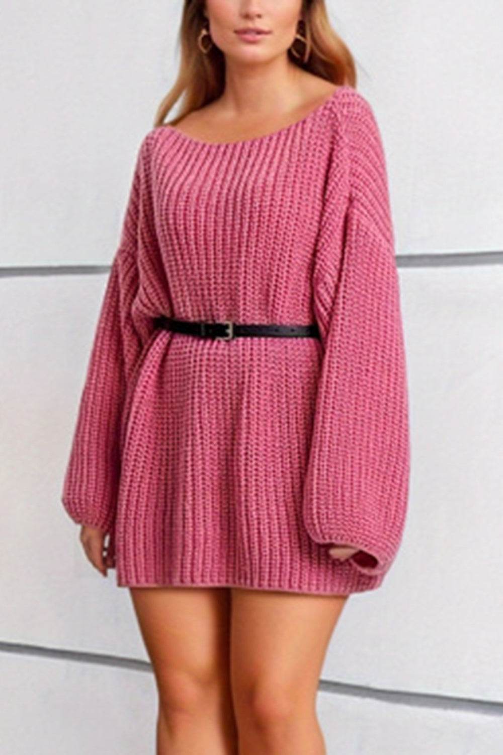 Boat Neck Dropped Shoulder Mini Sweater Dress - Delanoir