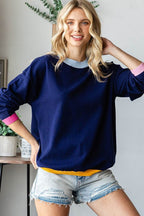 First Love Contrast Ribbed Round Neck Long Sleeve Sweater - Delanoir