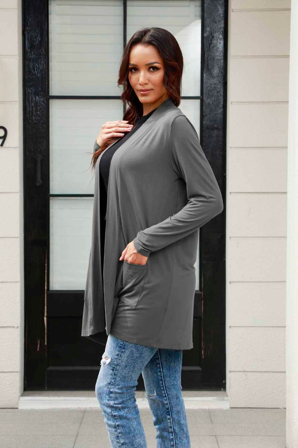 Basic Bae Full Size Open Front Long Sleeve Cardigan with Pockets - Delanoir