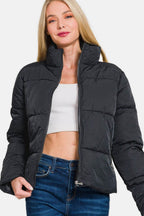 Zenana Zip Up Turtleneck Puffer Jacket with Pockets - Delanoir