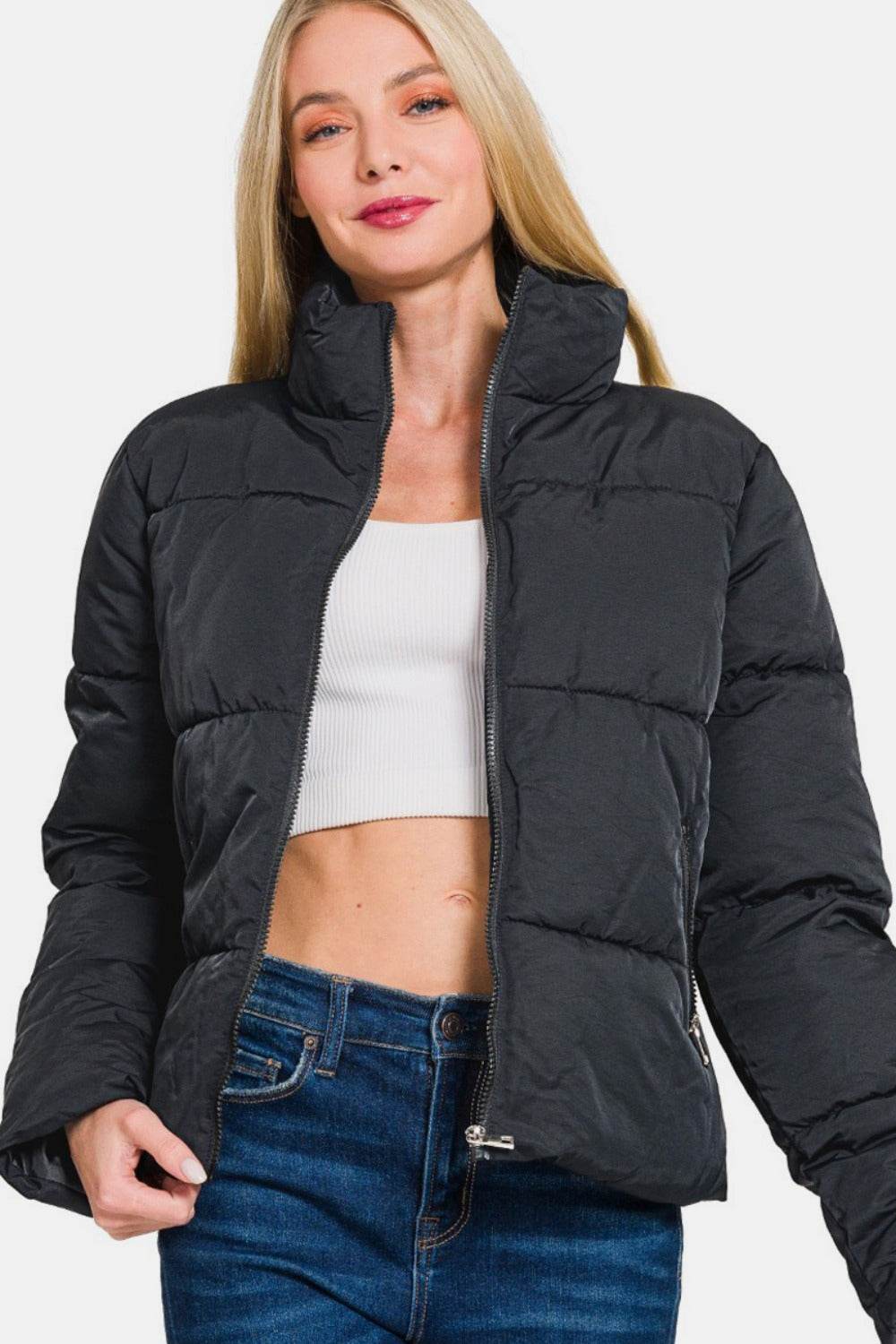 Zenana Zip Up Turtleneck Puffer Jacket with Pockets - Delanoir
