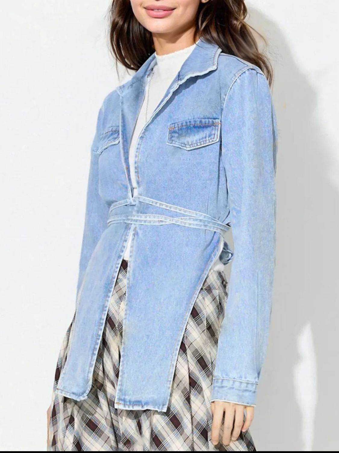 Asymmetric Slit Collared Neck Long Denim Top - Delanoir