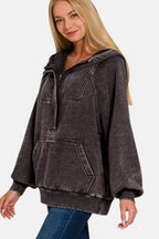 Zenana Acid Wash Fleece Kangaroo Hoodie - Delanoir