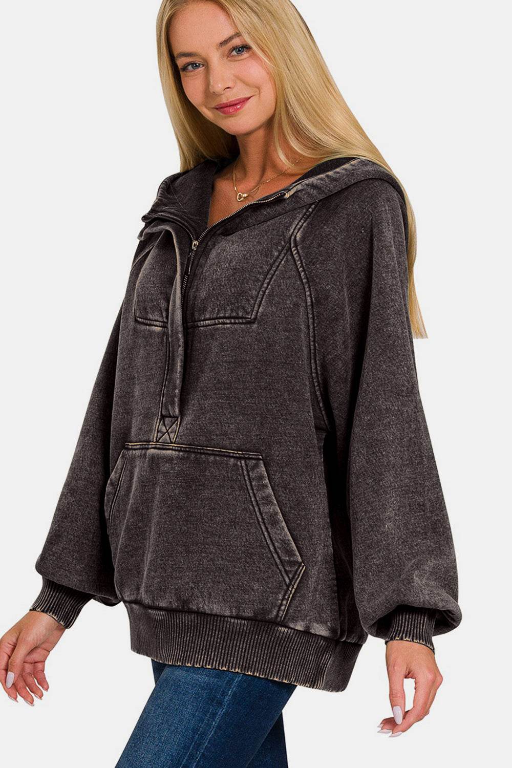 Zenana Acid Wash Fleece Kangaroo Hoodie - Delanoir