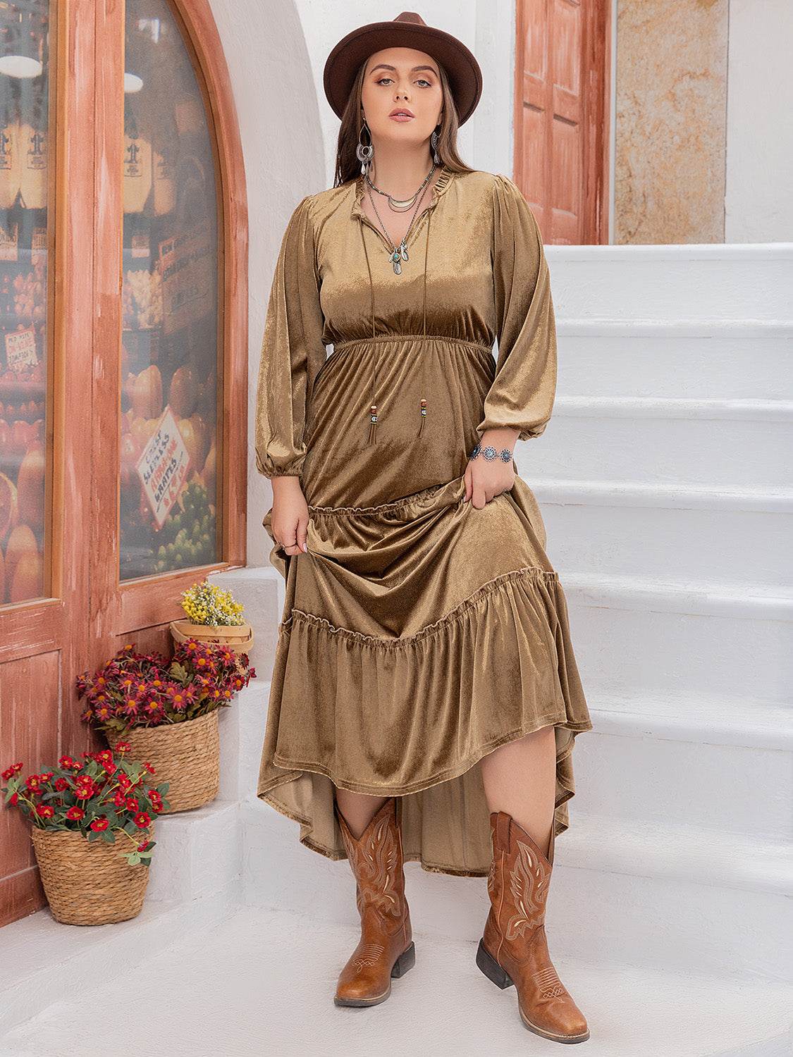 Plus Size Frill Tie Neck Long Sleeve Dress - Delanoir
