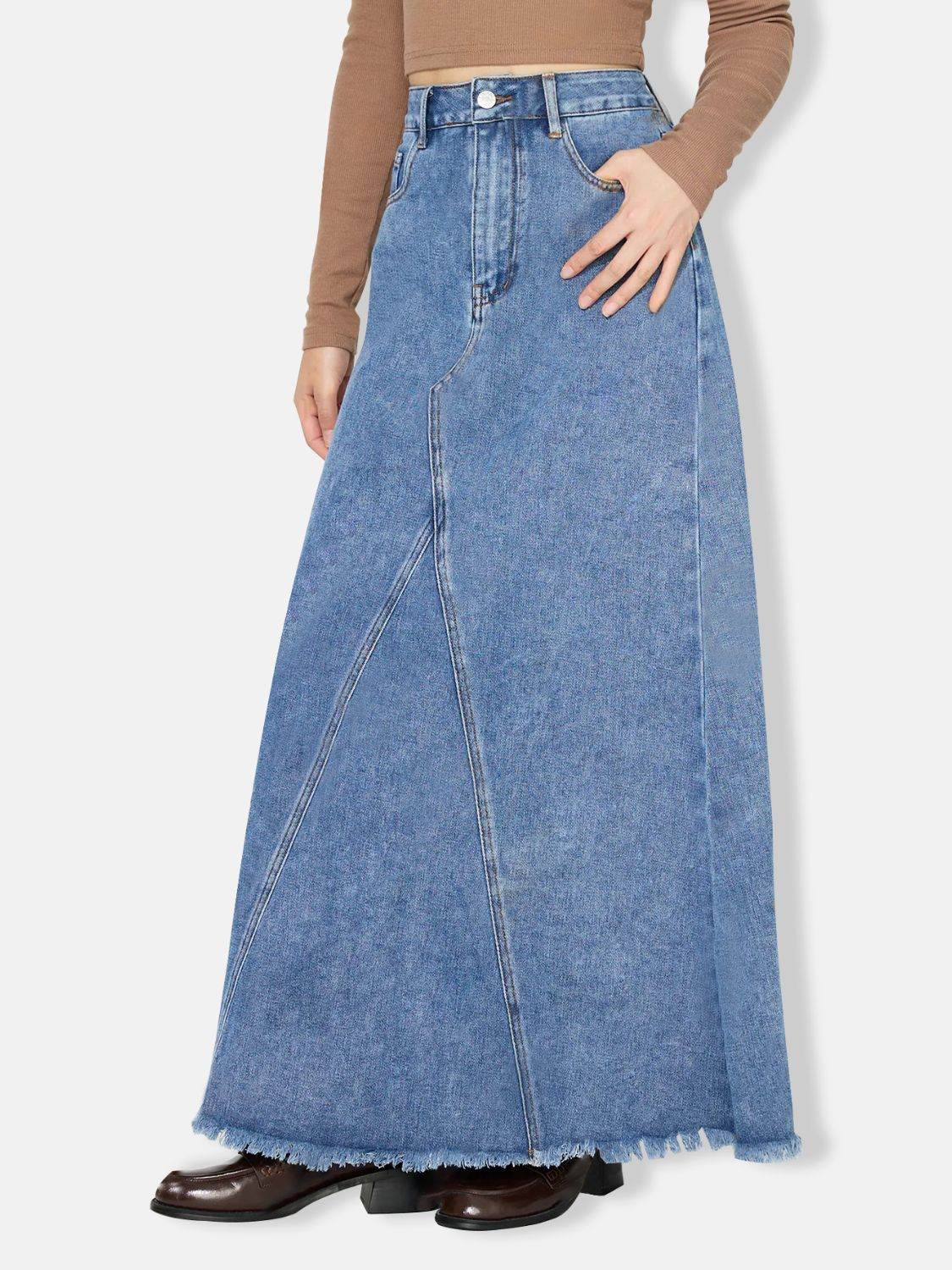 Raw Hem Maxi Denim Skirt - Delanoir