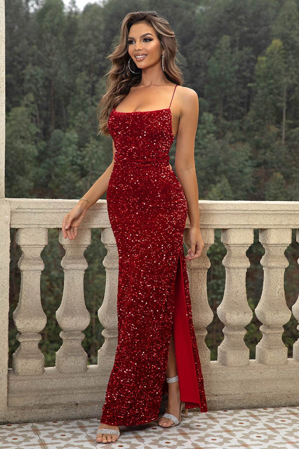 Sequin Backless Split Maxi Dress - Delanoir