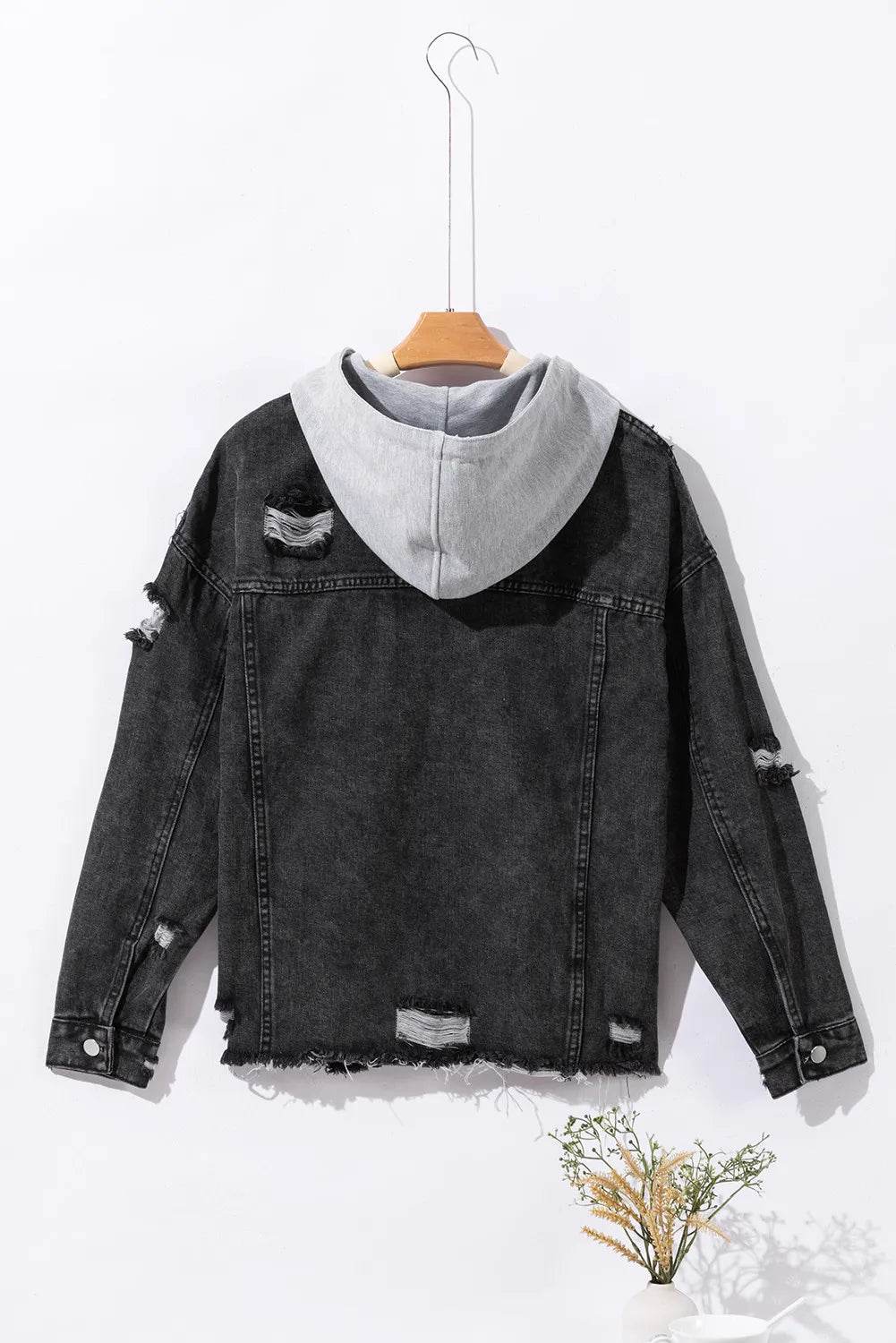 Distressed Drawstring Long Sleeve Hooded Denim Jacket - Delanoir