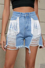 Fringe Trim Distressed Denim Shorts with Pockets - Delanoir