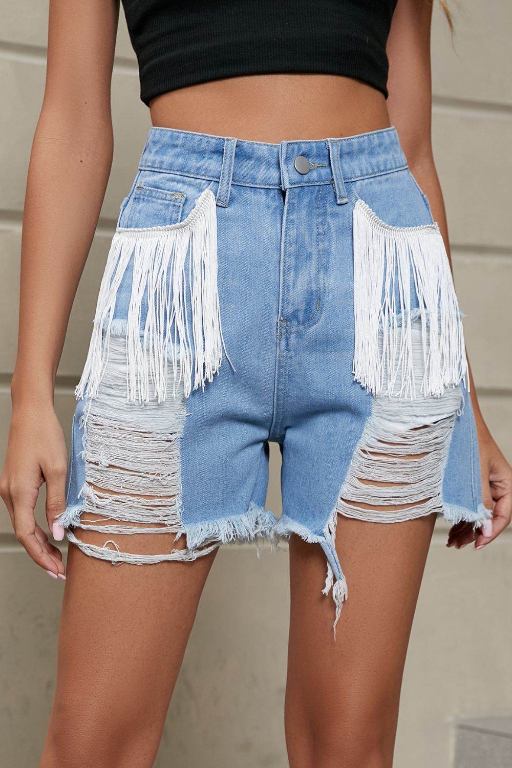 Fringe Trim Distressed Denim Shorts with Pockets - Delanoir