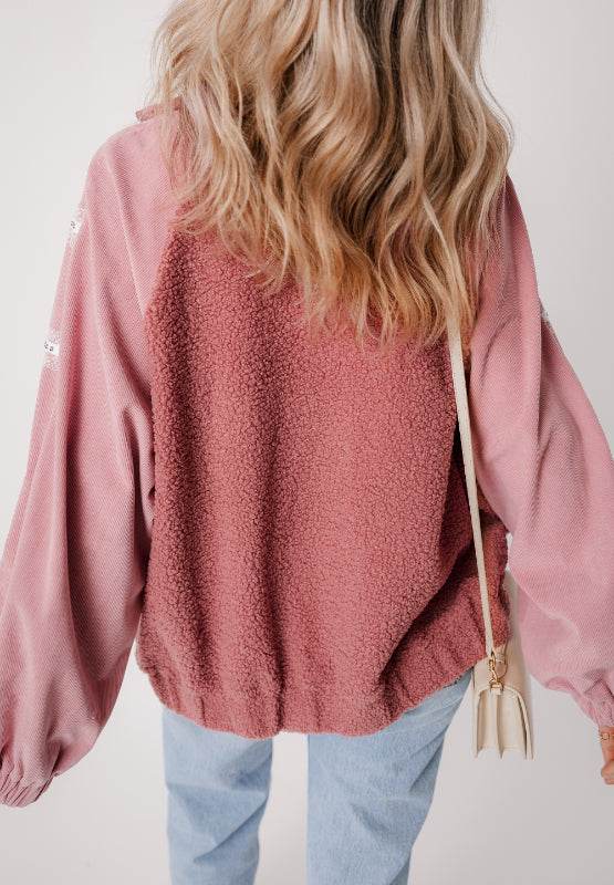 Lace Detail Zip Up Sherpa Patchwork Jacket - Delanoir