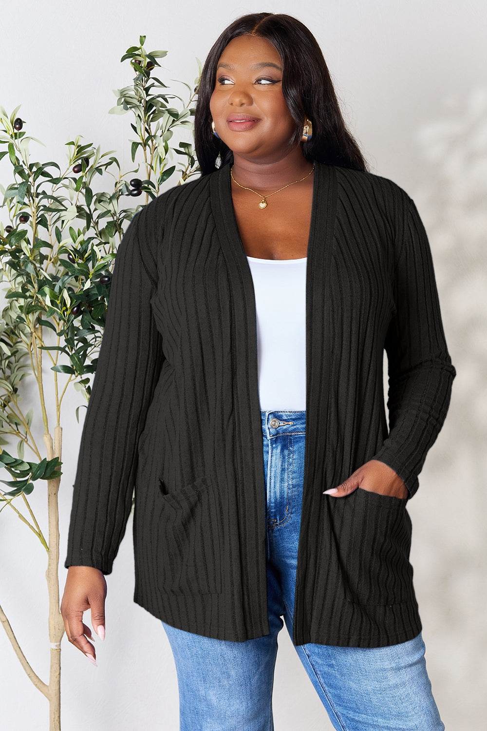 Basic Bae Full Size Ribbed Open Front Cardigan with Pockets - Delanoir