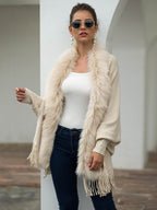 Fringe Open Front Long Sleeve Poncho - Delanoir