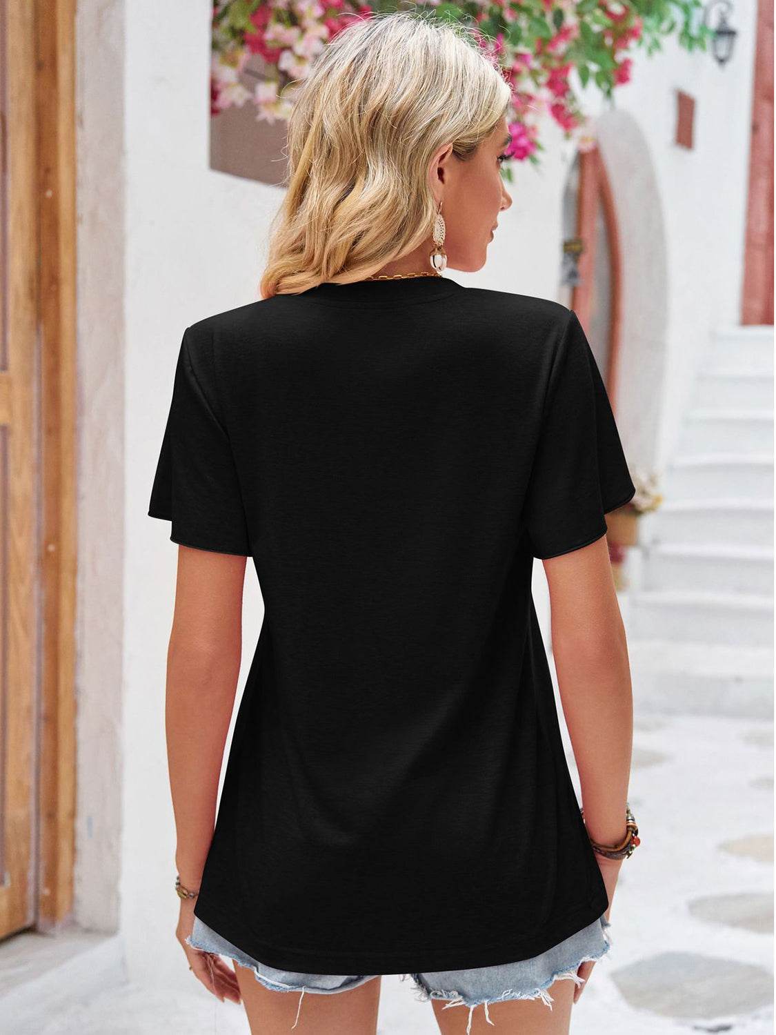 Double Take Ruched V-Neck Short Sleeve T-Shirt - Delanoir