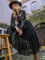Embroidered Polka Dot Tie Neck Long Sleeve Midi Dress - Delanoir