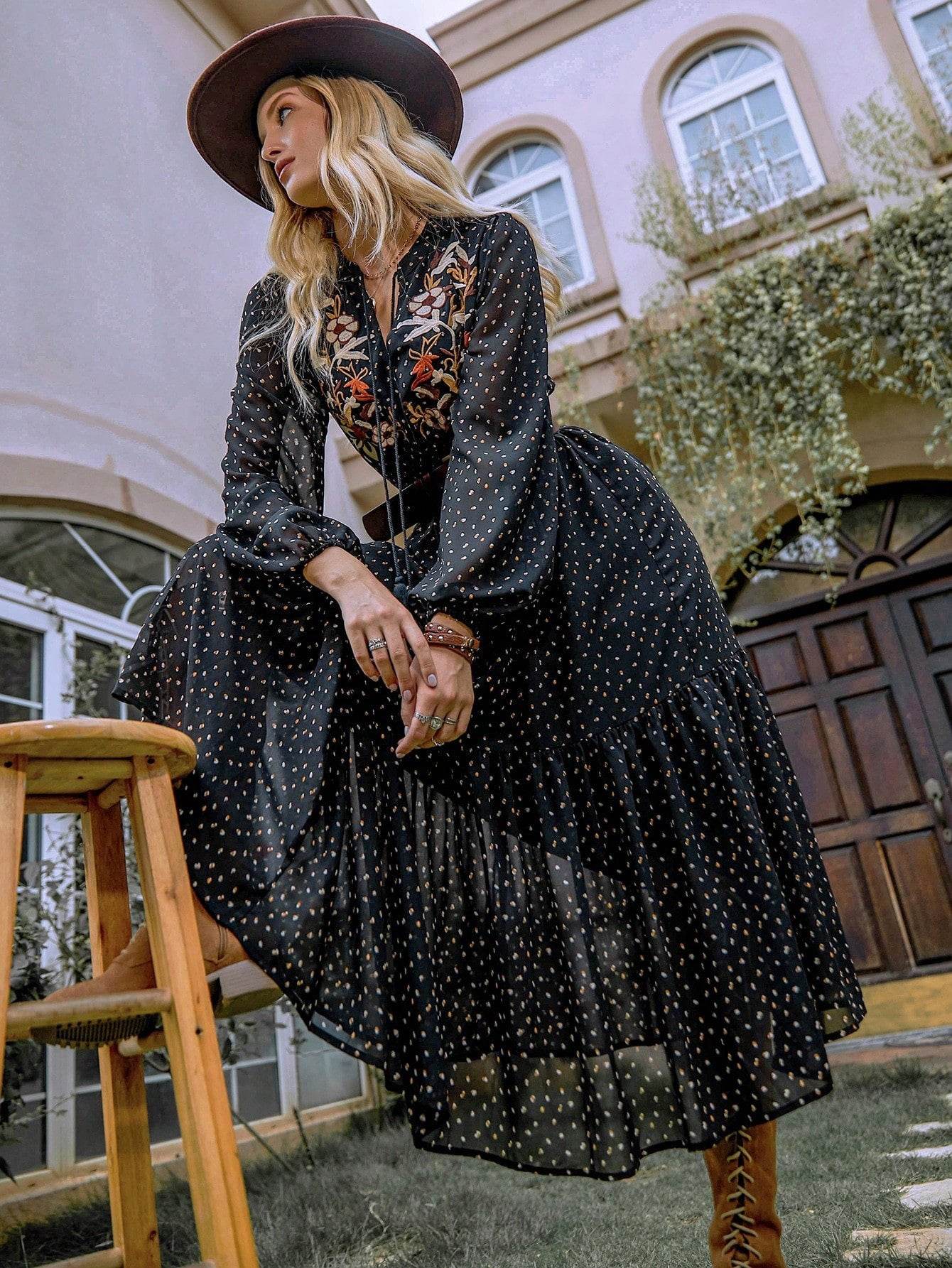 Embroidered Polka Dot Tie Neck Long Sleeve Midi Dress - Delanoir