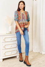 Devine Bohemian Tassel Tie Puff Sleeve Babydoll Blouse - Delanoir