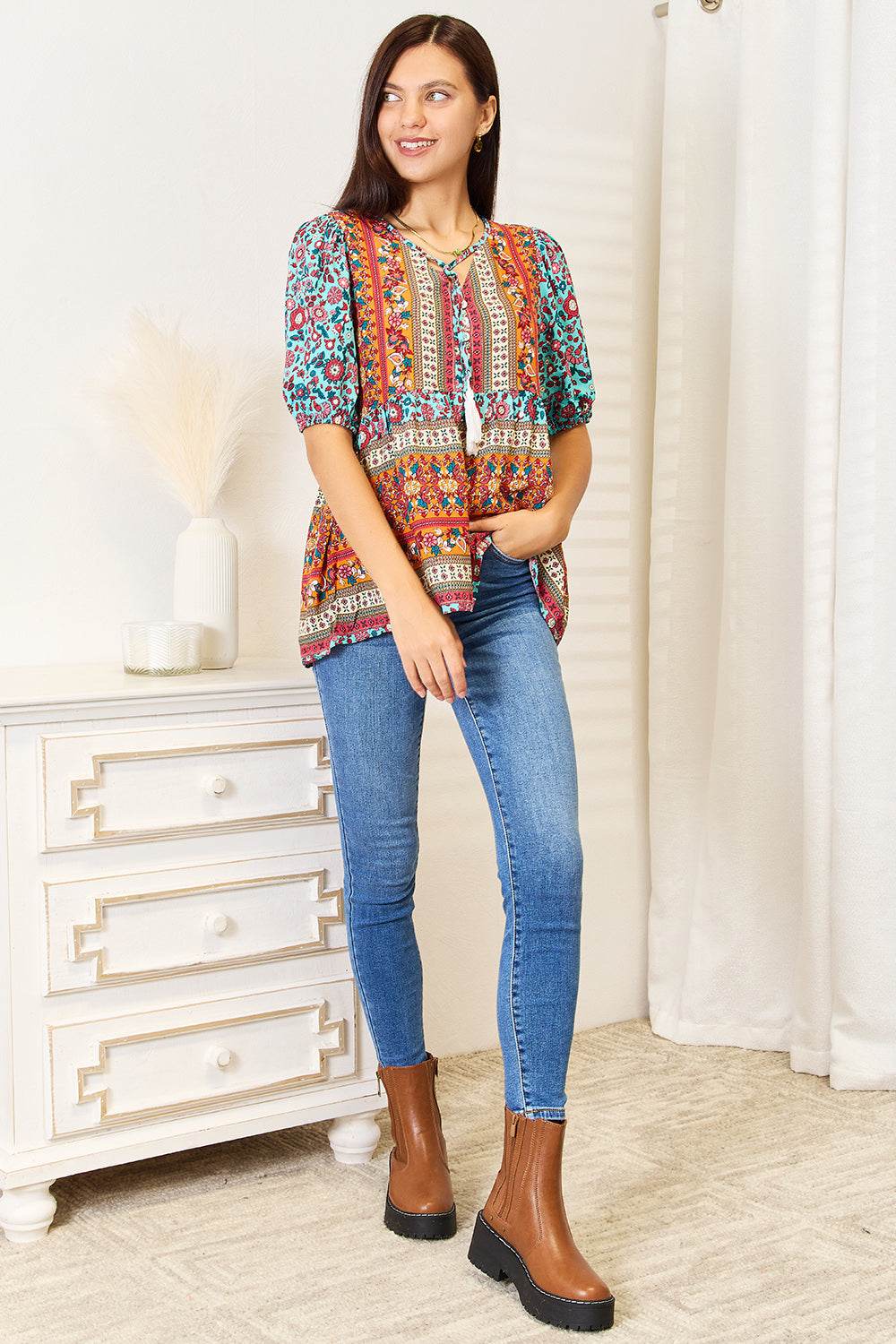 Devine Bohemian Tassel Tie Puff Sleeve Babydoll Blouse - Delanoir