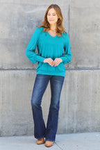Basic Bae Full Size V-Neck Lantern Sleeve Top - Delanoir