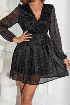 Glitter Surplice Long Sleeve Mini Dress - Delanoir