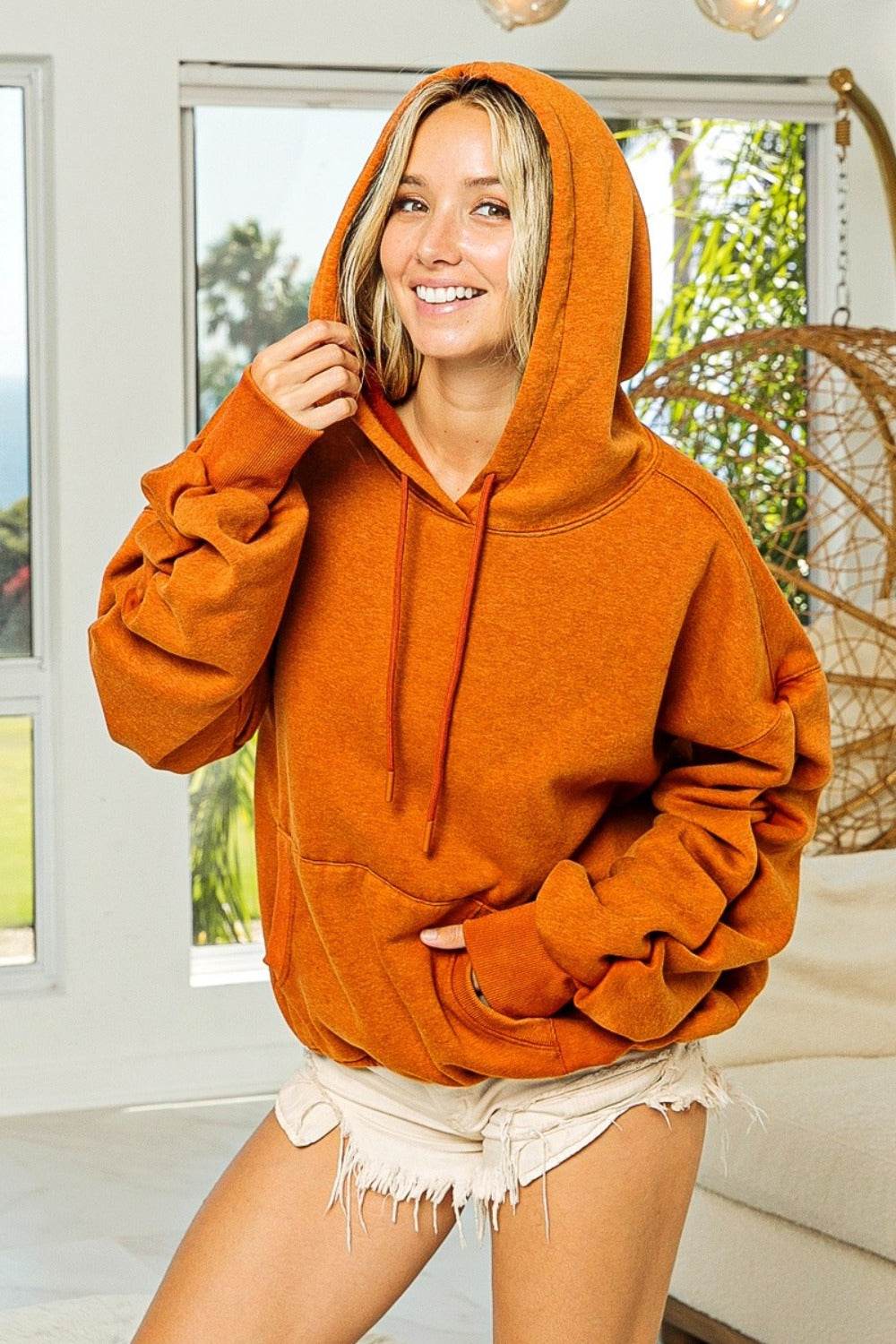 BiBi Ruched Long Sleeve Washed Fleece Hoodie - Delanoir