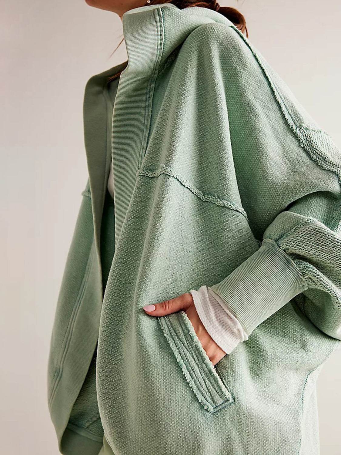 Exposed Seam Open Front Batwing Sleeve Hooded Cardigan - Delanoir