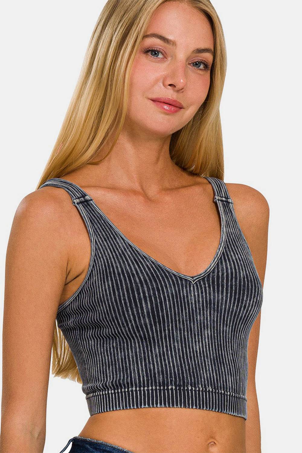 Zenana Washed Ribbed Cropped V-Neck Tank - Delanoir