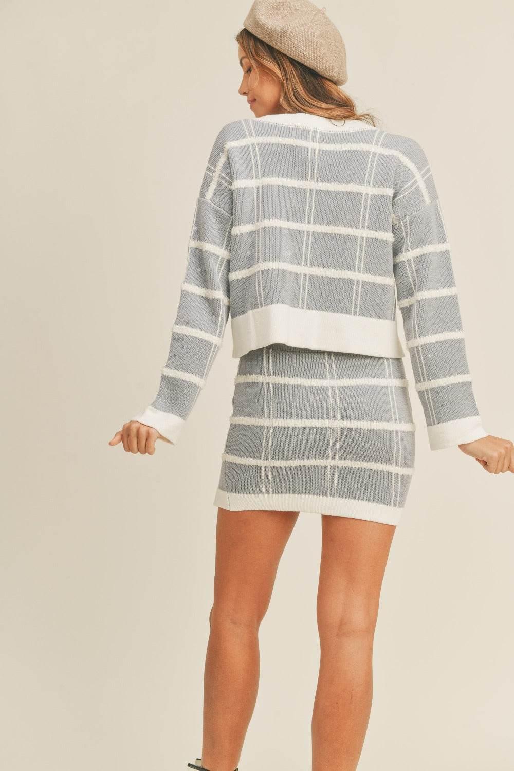 MABLE Plaid Button Down Sweater Cardigan and Mini Skirt Set - Delanoir
