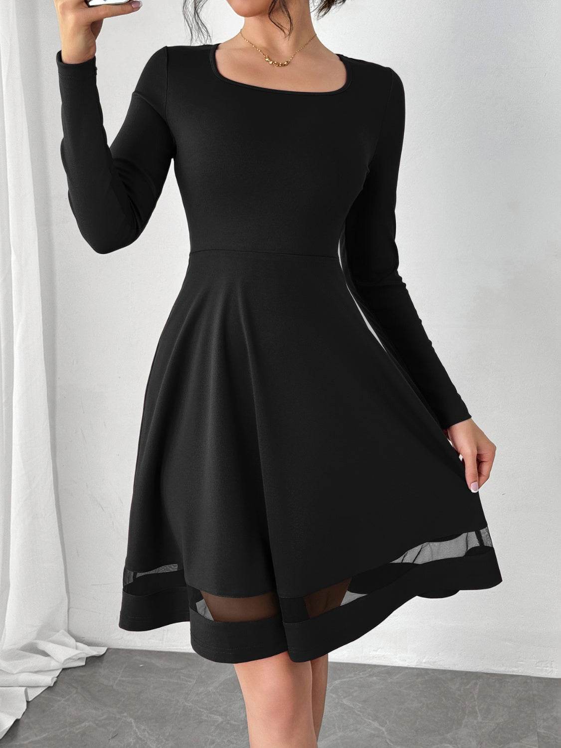 Square Neck Long Sleeve Mini Dress - Delanoir