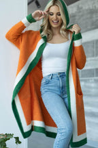 Pocketed Contrast Long Sleeve Hooded Cardigan - Delanoir