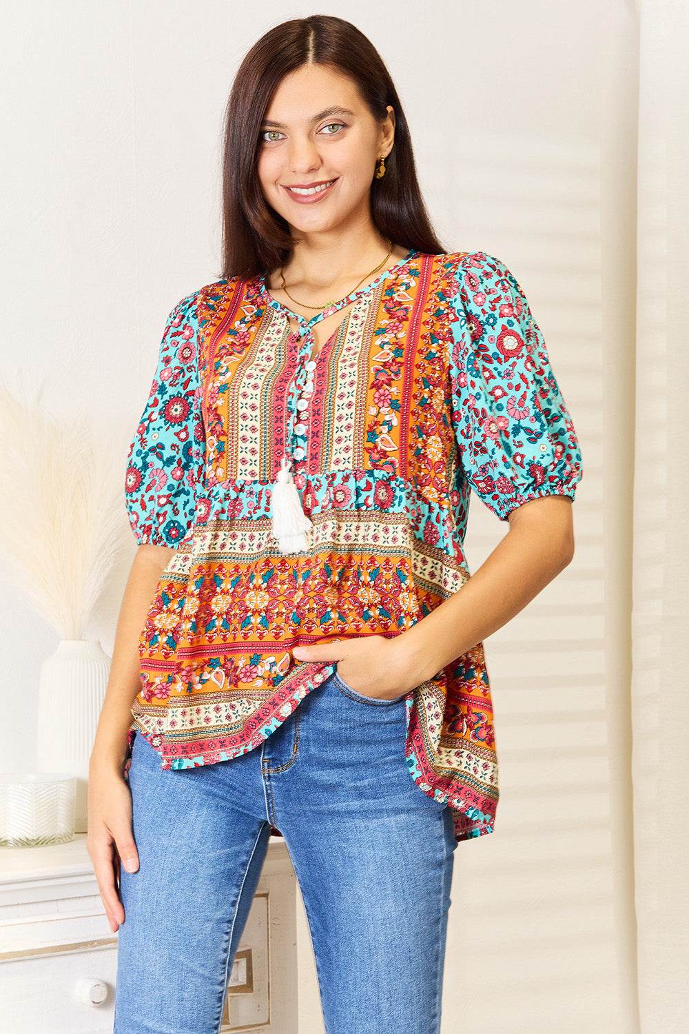 Devine Bohemian Tassel Tie Puff Sleeve Babydoll Blouse - Delanoir